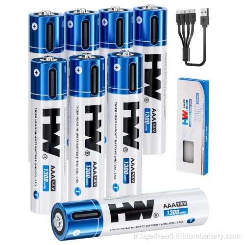 8PCS 1.5V AAA 1300mWh USB-C Şarj Edilebilir Lityum Pil